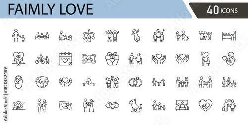 Family Love icon set. Includes icons for parents, kids, bonding, hug, care, support, affection, heart, and togetherness. Outline icons. 