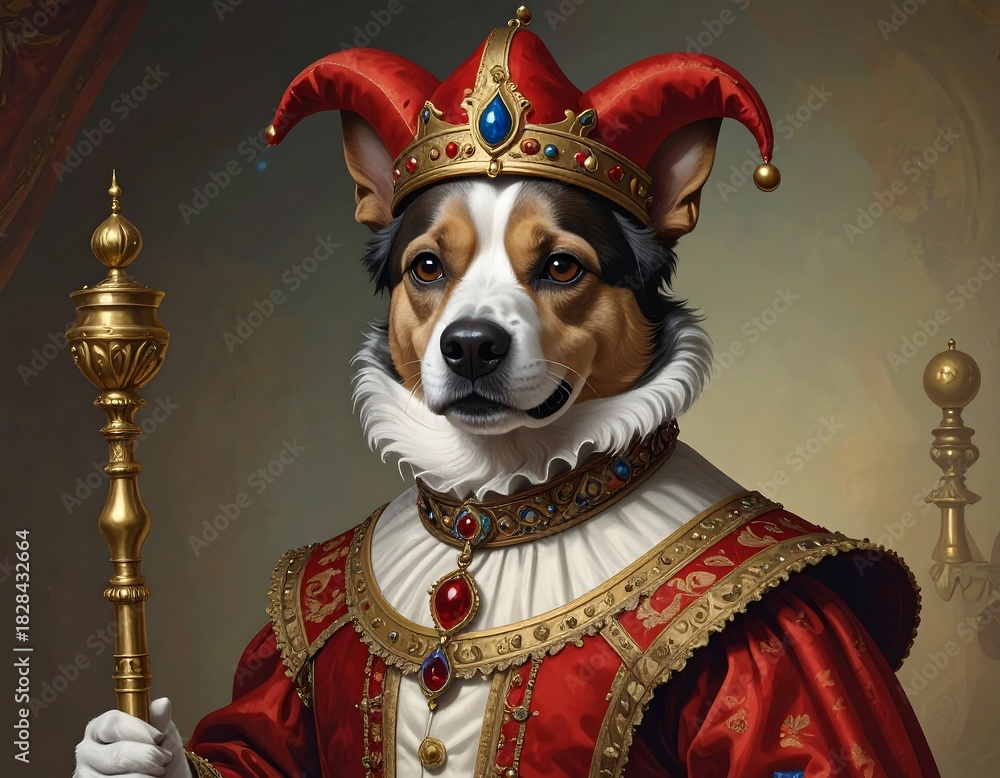 Obraz premium Regal canine portrait wearing royal attire with scepter
