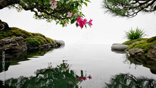 Bonsai trees with pink blossoms overlook a serene water, rocks and mossy shore