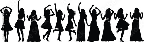 Black Silhouette Vector Set of Ten Happy Women Dancing and Celebrating Together in Various Energetic Poses, Representing Party, Joy, Friendship, and Female Empowerment
