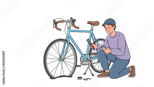 Diligent individual skillfully fixing a flat tire on a light blue bicycle, performing essential maintenance using specialized tools and a repair stand