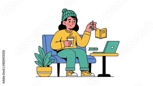 Relaxed Young Woman Engaged in Reading and Learning, Sipping Coffee Next to Her Laptop in a Serene Outdoor Setting Illustration