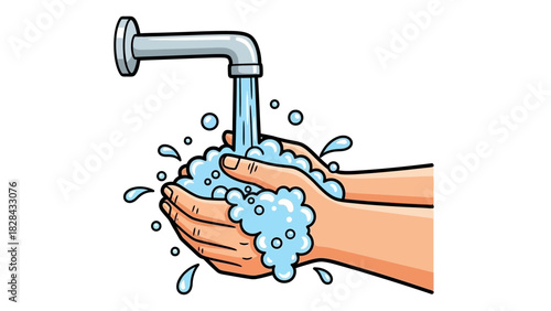 Washing Hands Under Faucet with Water and Bubbles for Hygiene
