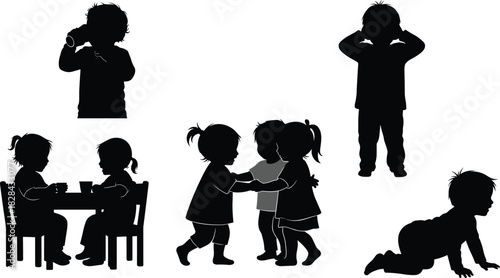 Black Silhouette Vector Set of Young Children and Toddlers Playing, Crawling, Drinking, Hugging, and Socializing, Representing Early Childhood Development and Interaction