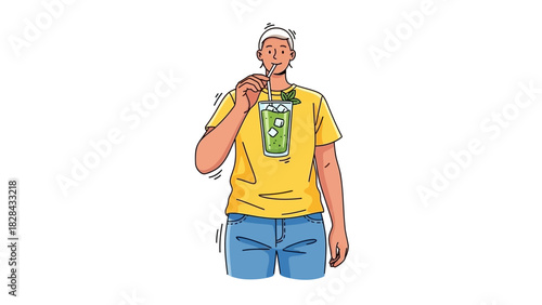 Person Sipping Refreshing Beverage A Vector Illustration Depicting Summer Enjoyment in Detail