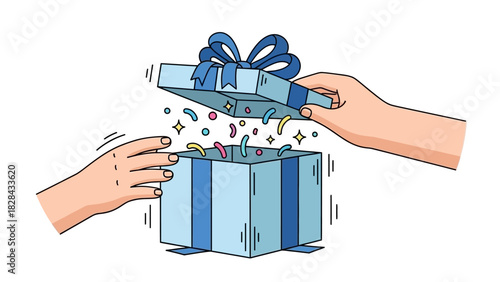 Hands opening a blue gift box filled with confetti and magical surprises for a festive celebration