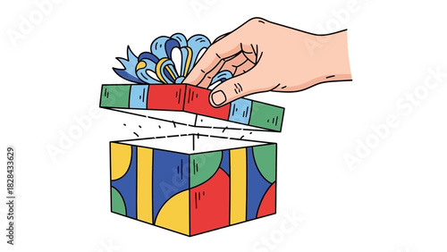 Hand lifting the lid off a colorful gift box, revealing a surprise or present inside