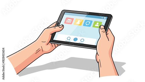 Engaged hands interacting with a modern digital tablet, browsing social media and applications. User experience with portable technology
