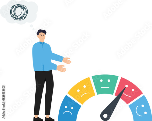Emotional overload and stress level, fatigue increased productivity tiring and boring, positive employee frustration in work. character is on a mood scale.
