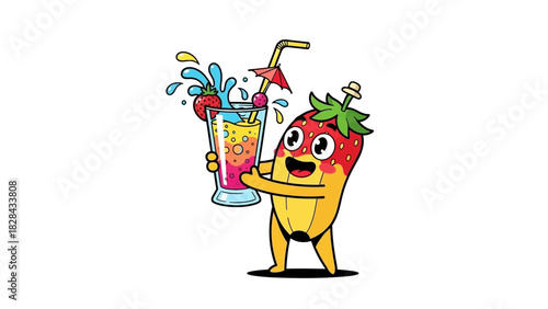 Happy strawberry pencil character mascot holding a colorful summer juice cocktail. Creative vector art for a beverage or party concept