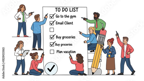 Diverse team of colleagues collaborating on a large to-do list, symbolizing effective project management and teamwork