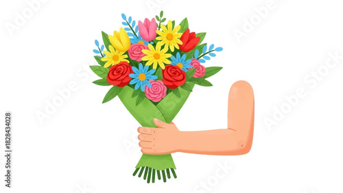 A hand holding a vibrant bouquet of assorted fresh flowers wrapped in green paper, perfect for celebrations