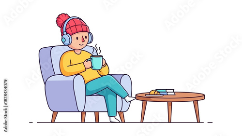 Cozy vector illustration of a person relaxing in an armchair, listening to music with headphones and enjoying a hot beverage