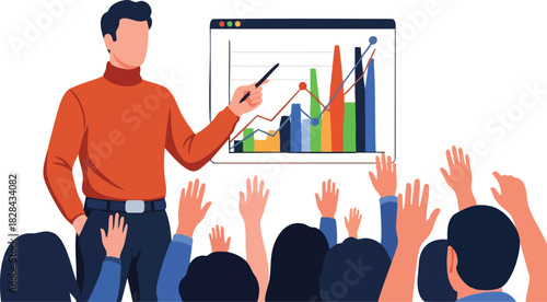 Professional Vector Illustration of Business Presenter with Graph Chart in Modern Minimalist Style Bright Colors for Corporate Presentation and Marketing