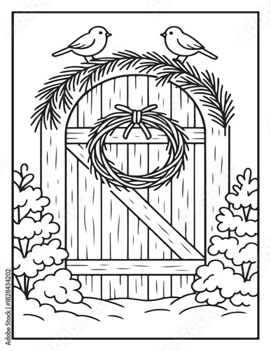 Winter scene line art with birds, wreath, evergreen on rustic wooden gate