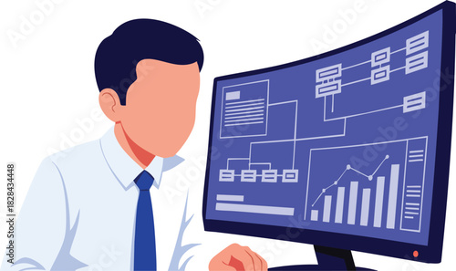 Vector Illustration of Business Analyst with Data Charts and Flowcharts in Modern Minimalist Style Blue Color Scheme