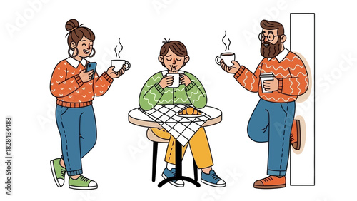 Group of People Enjoying Coffee Casual Scene with Beverages and Conversations in a Cozy Setting