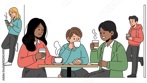 Diverse group of friends enjoying hot coffee and engaging conversation at a modern cafe, fostering connection and relaxation during a pleasant break