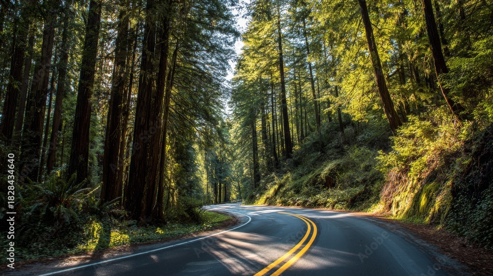 Obraz premium forest,,redwoods,,trees,,nature,,outdoors,,scenic,,road,,path,,trail,,adventure,,travel,,landscape,,greenery,,woodland,,nationalpark,,environment,,wilderness,,sunrise,,sunlight,,morning,,leaves,,moss,