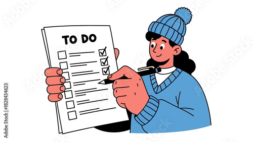 Organized Woman Checking To-Do List with Pen in Hand, Completing Tasks