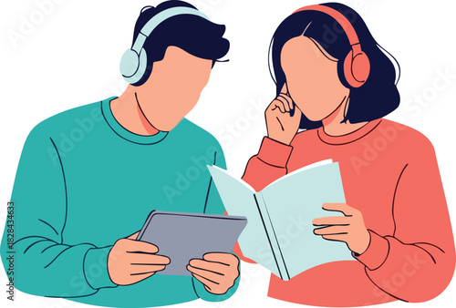 Minimalist Vector Illustration of Man and Woman Listening to Music with Headphones in Modern Flat Style Featuring Soft Pastel Colors
