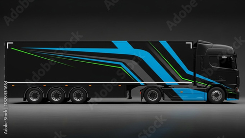 A modern black semi-truck and trailer with a dynamic blue, green, and grey graphic design on its side.
