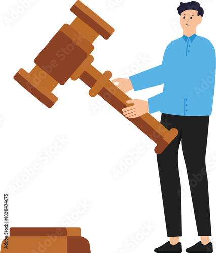 lawsuit and jury and Legal verdict, judgment or law and justice, attorney and barrister or ethics, male character holding gavel and scales of equality on the other hand.

