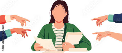 Minimalist Vector Illustration of Woman Reading Papers with Hands Pointing in Different Directions in Modern Flat Style