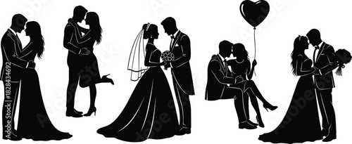 Elegant Black Silhouette Vector Set of Romantic Wedding Couple Poses, Including Bride and Groom Embracing, Dancing, Kissing, and Celebrating Marriage Ceremony for Invitation Design.