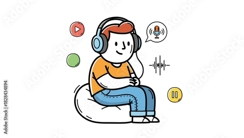 Young person enjoying an immersive audio experience with headphones, listening to music or a podcast, surrounded by sound elements and multimedia icons