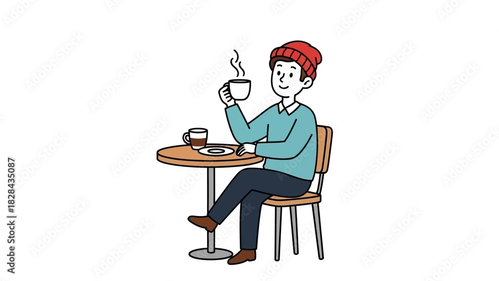Fototapeta premium A man wearing a red beanie enjoys a hot beverage while seated at a small table, the steam rising from his cup suggests a warm and comforting moment