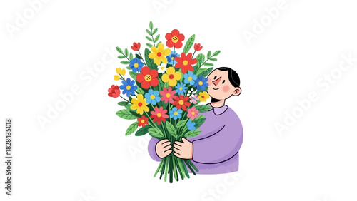 Delightful vector illustration of a person joyfully holding a vibrant flower bouquet