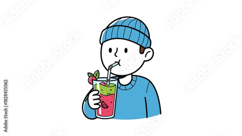 Person enjoying a colorful smoothie, a refreshing and healthy drink. Illustration concept