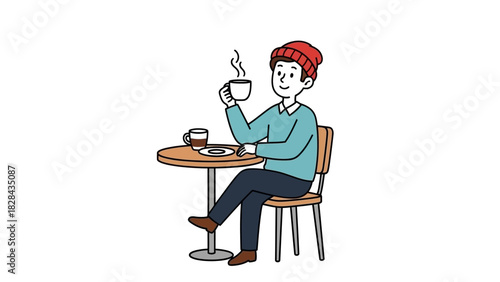 A man wearing a red beanie enjoys a hot beverage while seated at a small table, the steam rising from his cup suggests a warm and comforting moment