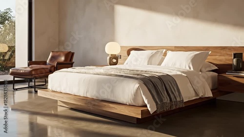 Serene bedroom scene platform bed, white linens, gray throw, leather chair in natural light