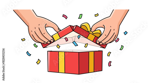 Vector cartoon illustration of two hands opening a red gift box with a yellow bow, revealing a surprise with exploding colorful confetti