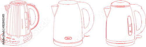 Red Outlined Depicting a Trio of Electric Water Kettles, Each with Distinct Design