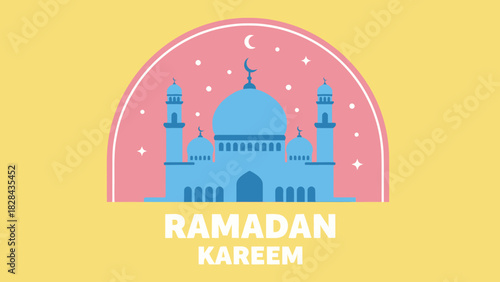 Illustration of a blue mosque with minarets against a pink backdrop with stars and a crescent moon, with "Ramadan Kareem" text below.