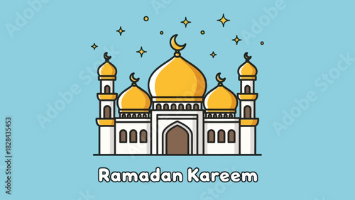 A cartoon illustration of a golden-domed mosque under a starry night sky with a crescent moon and the greeting Ramadan Kareem.