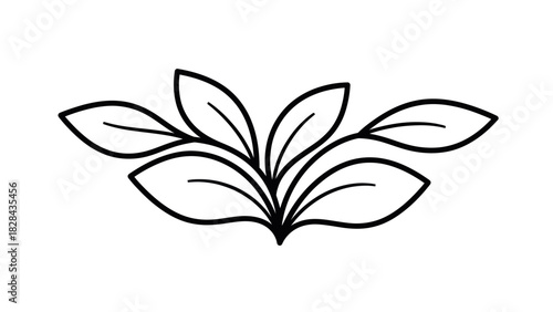 A minimalist black line art illustration of a decorative plant sprout with fanned out leaves on a white background.