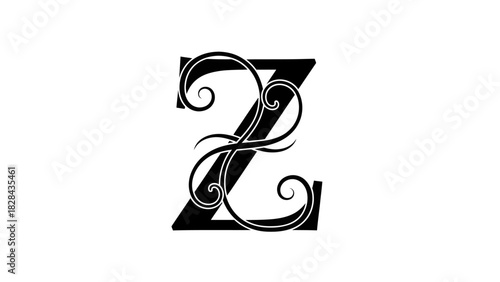 Ornate capital letter Z with elegant calligraphic swirls and flourishes, a beautiful black and white monogram initial.