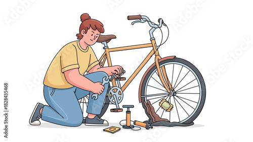 A resourceful woman engages in DIY bicycle maintenance, fixing a flat tire with a wrench and pump in a detailed vector illustration