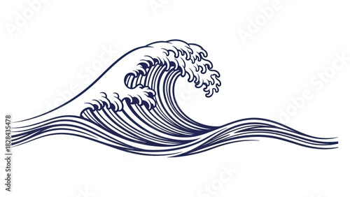 Stylized illustration of a powerful ocean wave cresting and breaking, depicted with intricate line art.