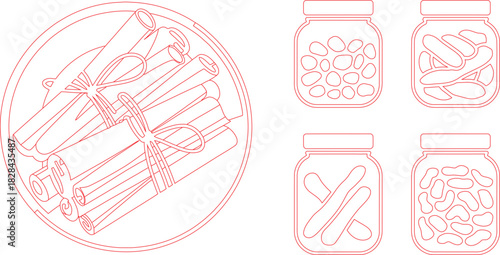 Red Outlined Illustration of Cinnamon Sticks in Bowl and Four Jars with Food