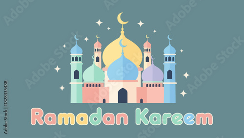 Colorful illustration of a mosque with crescent moon and stars, celebrating Ramadan.