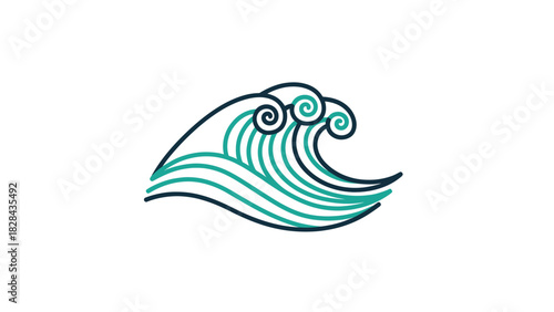Stylized illustration of a wave with teal and dark blue lines, featuring swirls and a minimalist design on a white background.