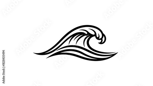 A stylized black and white illustration of a cresting ocean wave, showing water movement.
