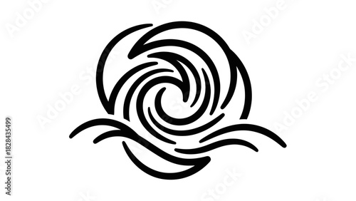 A stylized black line art icon of a powerful swirling ocean wave, symbolizing a storm, tsunami, or vortex.