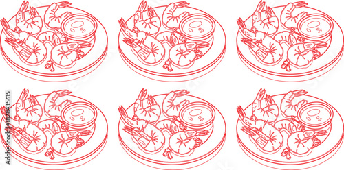 Red Outlined Shrimp Cocktail Plates, Featuring Seafood Appetizers and Dipping Sauce, Seamless Pattern