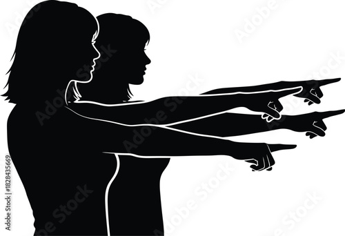 Silhouette of two women pointing ahead